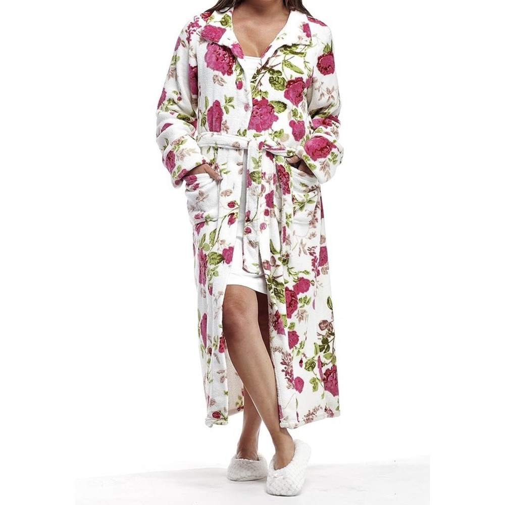 La Cera Robe Women's Large Floral Tie Pockets Kimono  Long Plush Spa‎ Cozy